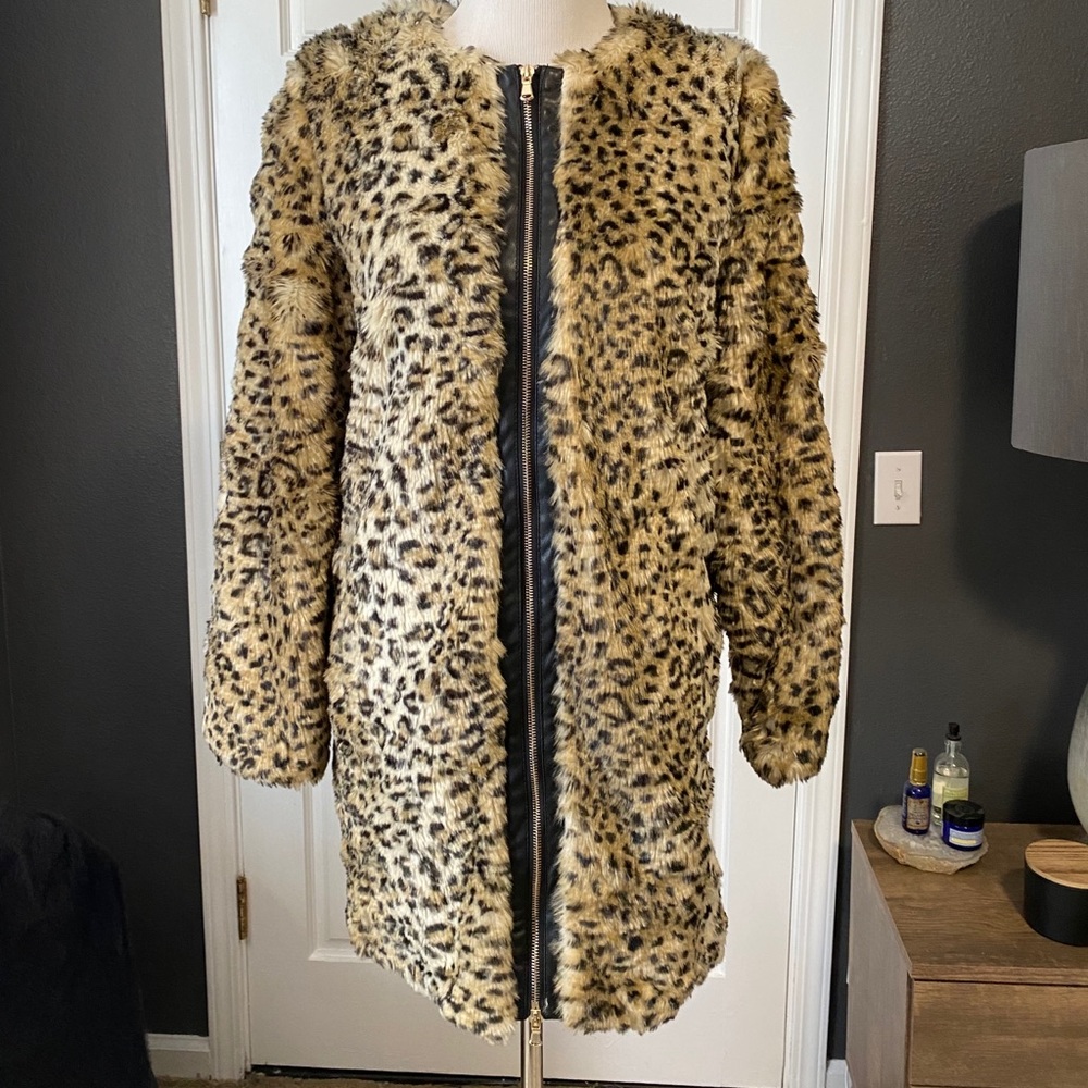 Zip front animal print faux fur